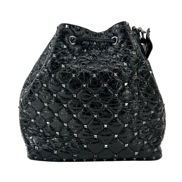 Valentino Garavani Black Rockstud Spike Leather Studded Bucket Bag Crossbody - Picture 9 of 16
